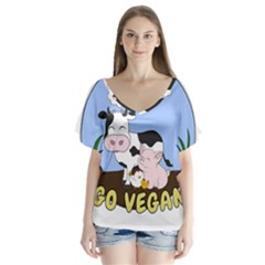 Friends Not Food - Cute Pig And Chicken V-neck Flutter Sleeve Top by Valentinaart