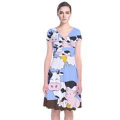 Friends Not Food - Cute Pig And Chicken Short Sleeve Front Wrap Dress by Valentinaart