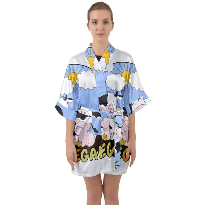 Friends Not Food - Cute Pig and Chicken Quarter Sleeve Kimono Robe