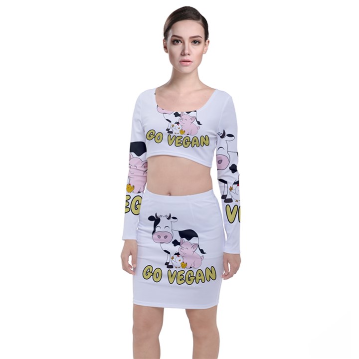 Friends Not Food - Cute Pig and Chicken Long Sleeve Crop Top & Bodycon Skirt Set