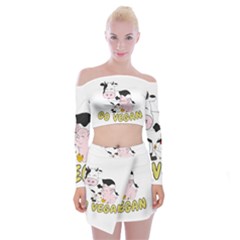 Friends Not Food - Cute Pig And Chicken Off Shoulder Top With Mini Skirt Set by Valentinaart