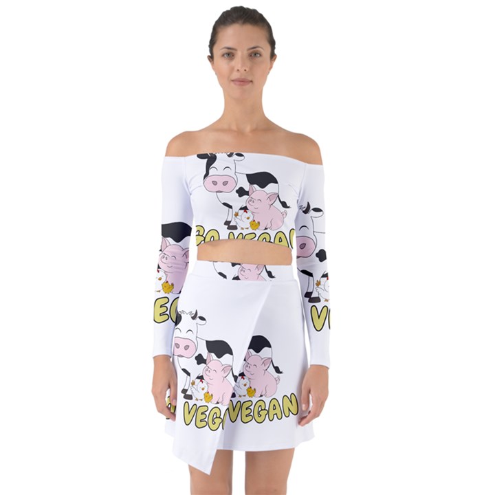 Friends Not Food - Cute Pig and Chicken Off Shoulder Top with Skirt Set