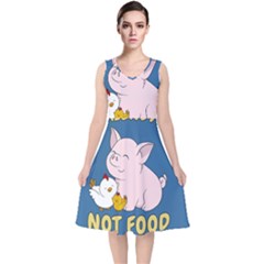 Friends Not Food - Cute Pig And Chicken V-neck Midi Sleeveless Dress  by Valentinaart