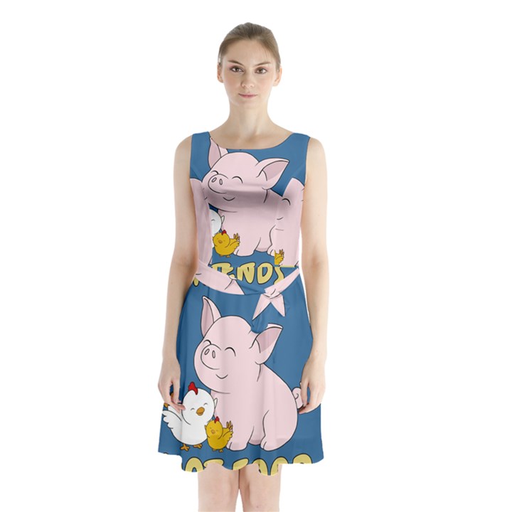 Friends Not Food - Cute Pig and Chicken Sleeveless Waist Tie Chiffon Dress