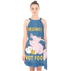 Friends Not Food - Cute Pig And Chicken Halter Collar Waist Tie Chiffon Dress by Valentinaart