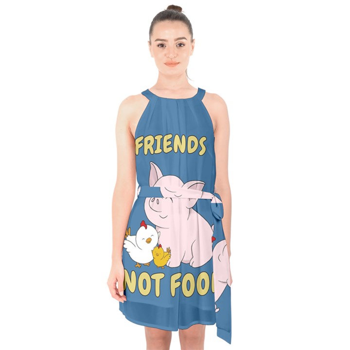 Friends Not Food - Cute Pig and Chicken Halter Collar Waist Tie Chiffon Dress