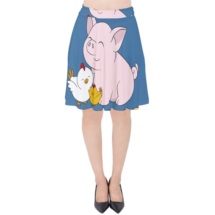 Friends Not Food - Cute Pig and Chicken Velvet High Waist Skirt