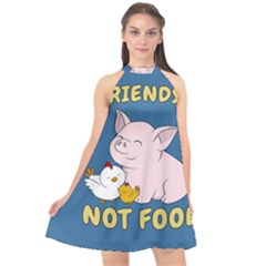 Friends Not Food - Cute Pig And Chicken Halter Neckline Chiffon Dress  by Valentinaart