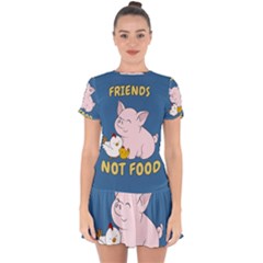 Friends Not Food - Cute Pig And Chicken Drop Hem Mini Chiffon Dress by Valentinaart