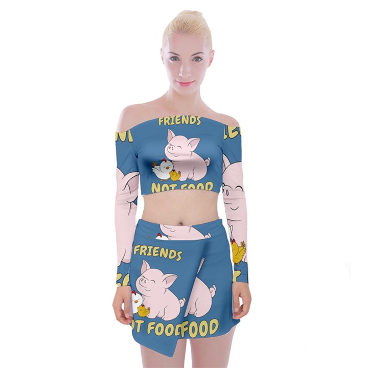 Friends Not Food - Cute Pig and Chicken Off Shoulder Top with Mini Skirt Set