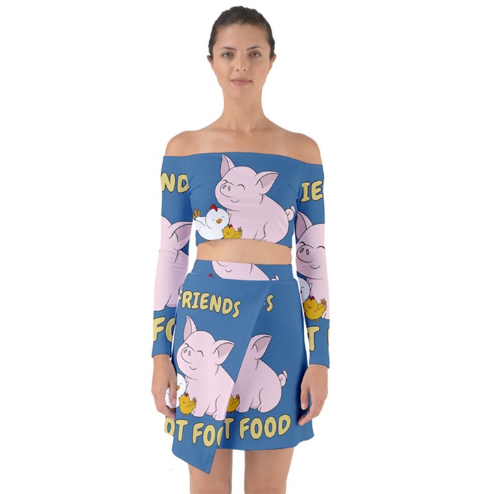 Friends Not Food - Cute Pig and Chicken Off Shoulder Top with Skirt Set