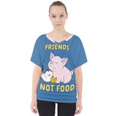 Friends Not Food - Cute Pig And Chicken V-neck Dolman Drape Top by Valentinaart