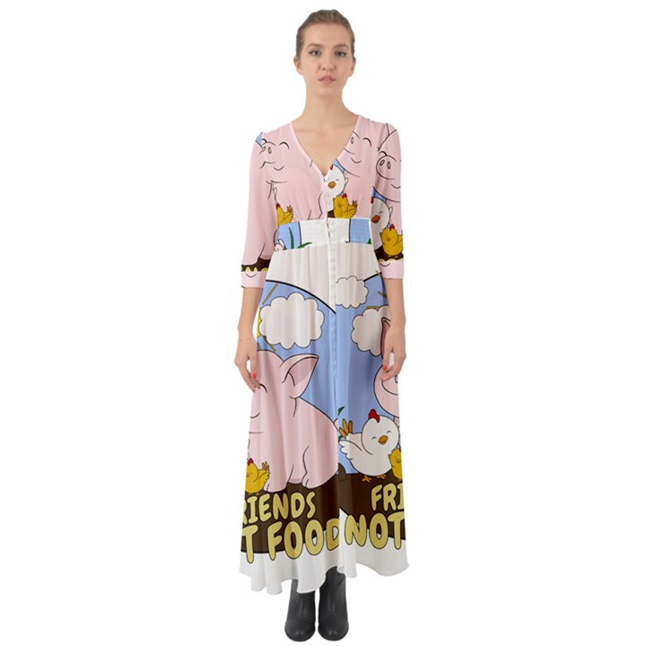 Friends Not Food - Cute Pig and Chicken Button Up Boho Maxi Dress