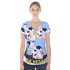 Friends Not Food - Cute Cow, Pig And Chicken Short Sleeve Front Detail Top by Valentinaart