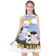 Friends Not Food - Cute Cow, Pig And Chicken Halter Neckline Chiffon Dress  by Valentinaart