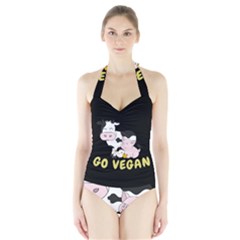 Friends Not Food - Cute Cow, Pig And Chicken Halter Swimsuit by Valentinaart