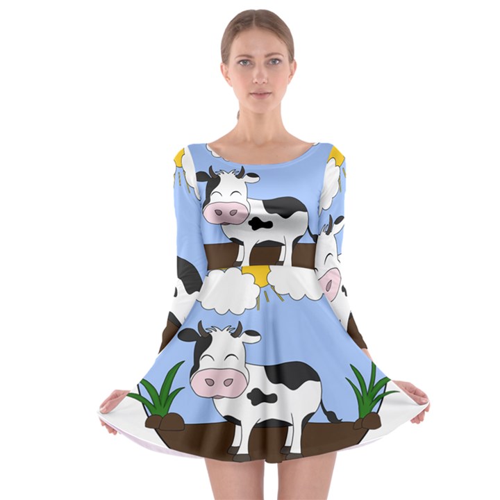 Friends Not Food - Cute Cow Long Sleeve Skater Dress