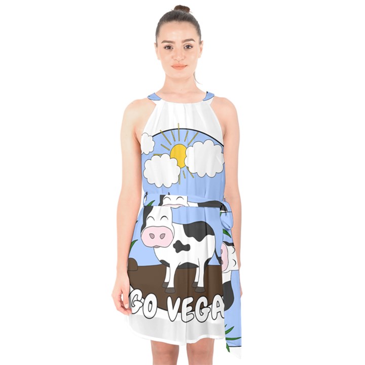 Friends Not Food - Cute Cow Halter Collar Waist Tie Chiffon Dress