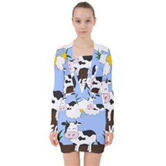 Friends Not Food - Cute Cow V-neck Bodycon Long Sleeve Dress