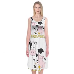 Friends Not Food - Cute Cow, Pig And Chicken Midi Sleeveless Dress by Valentinaart