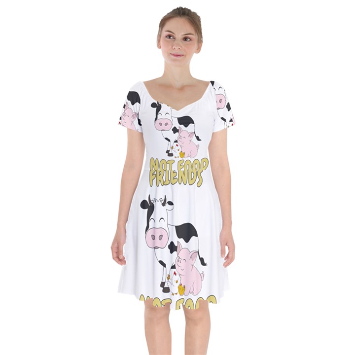 Friends Not Food - Cute Cow, Pig and Chicken Short Sleeve Bardot Dress