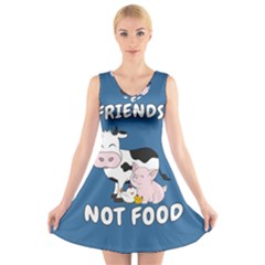 Friends Not Food - Cute Cow, Pig and Chicken V-Neck Sleeveless Skater Dress