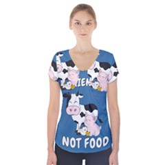 Friends Not Food - Cute Cow, Pig And Chicken Short Sleeve Front Detail Top by Valentinaart