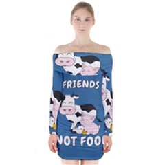 Friends Not Food - Cute Cow, Pig And Chicken Long Sleeve Off Shoulder Dress by Valentinaart