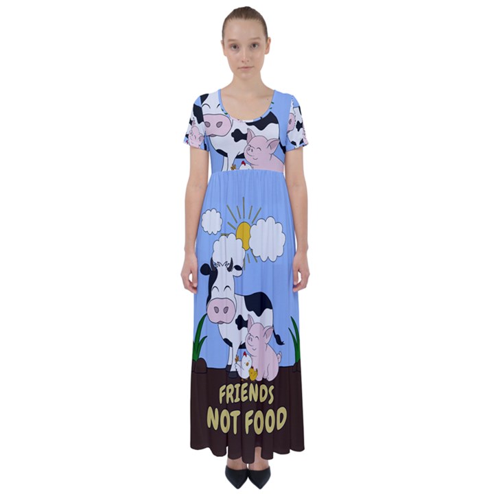 Friends Not Food - Cute Cow, Pig and Chicken High Waist Short Sleeve Maxi Dress