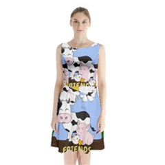 Friends Not Food - Cute Cow, Pig And Chicken Sleeveless Waist Tie Chiffon Dress by Valentinaart