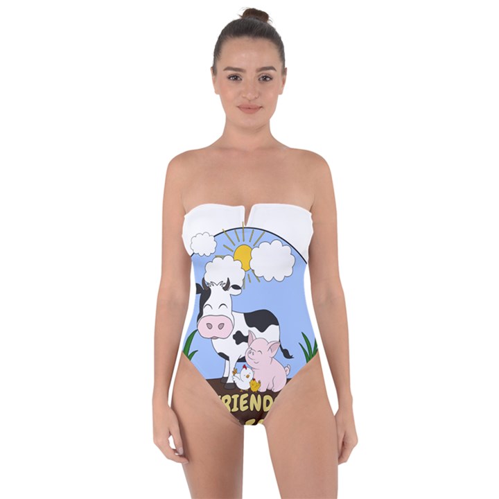 Friends Not Food - Cute Cow, Pig and Chicken Tie Back One Piece Swimsuit