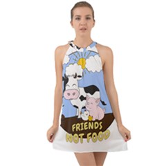 Friends Not Food - Cute Cow, Pig And Chicken Halter Tie Back Chiffon Dress