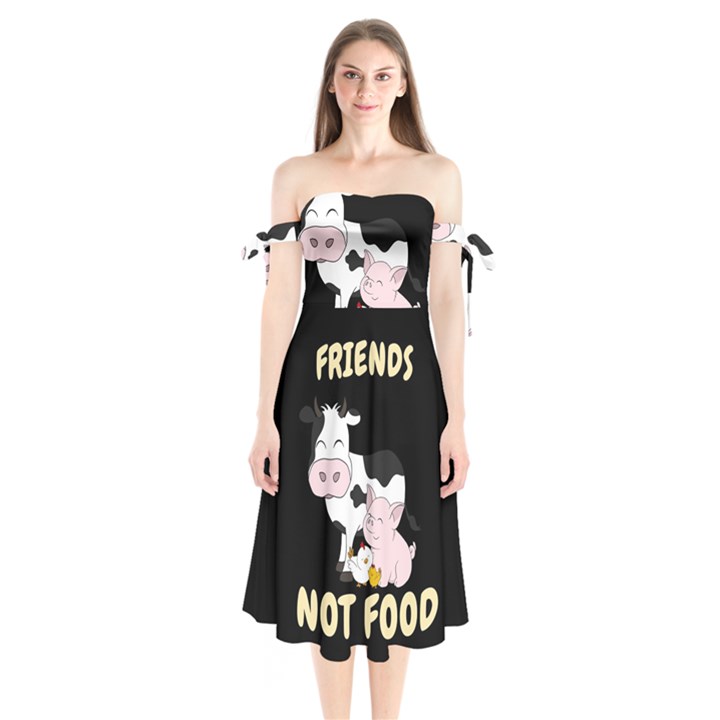 Friends Not Food - Cute Cow, Pig and Chicken Shoulder Tie Bardot Midi Dress