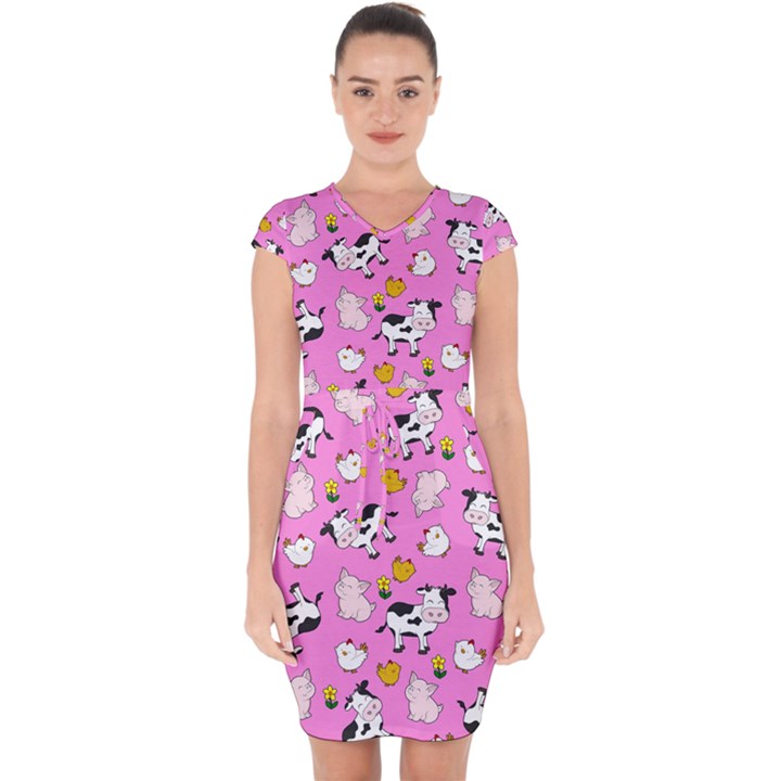 The Farm Pattern Capsleeve Drawstring Dress 