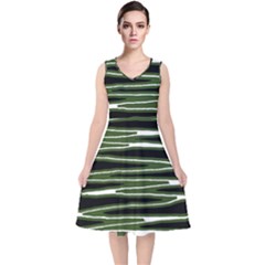 Sketched Wavy Stripes Pattern V-neck Midi Sleeveless Dress  by dflcprints