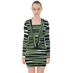 Sketched Wavy Stripes Pattern V-neck Bodycon Long Sleeve Dress by dflcprints