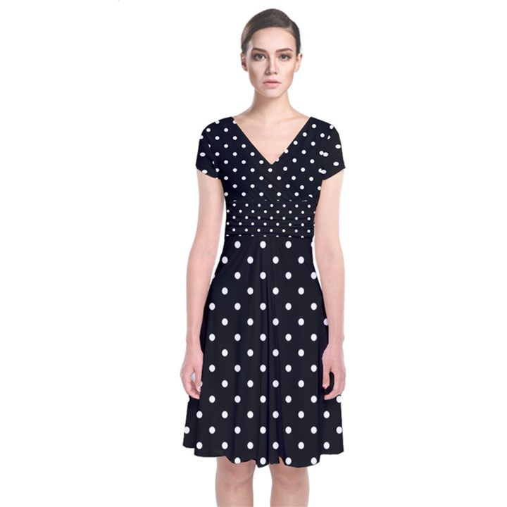 Black Polka Dots Short Sleeve Front Wrap Dress