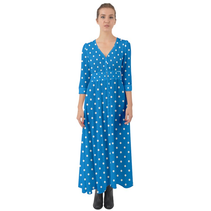 Blue Polka Dots Button Up Boho Maxi Dress