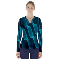 Background Light Glow Blue Green V-neck Long Sleeve Top