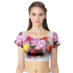 Flowers Roses Wedding Bouquet Art Short Sleeve Crop Top by Nexatart