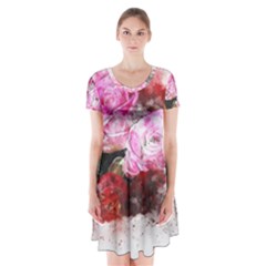 Flowers Roses Wedding Bouquet Art Short Sleeve V-neck Flare Dress by Nexatart