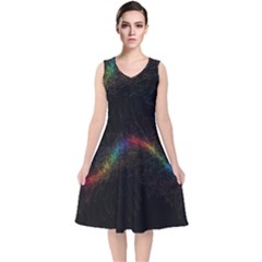 Background Light Glow Lines Colors V-neck Midi Sleeveless Dress  by Nexatart