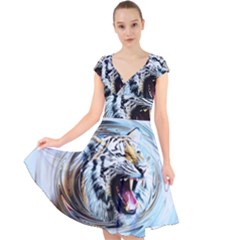 Tiger Animal Art Swirl Decorative Cap Sleeve Front Wrap Midi Dress by Nexatart