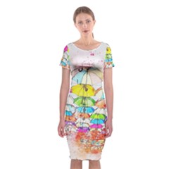 Umbrella Art Abstract Watercolor Classic Short Sleeve Midi Dress