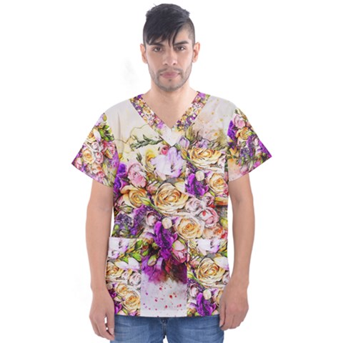 Flowers Bouquet Art Nature Men s V-neck Scrub Top by Nexatart