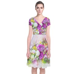 Flowers Bouquet Art Nature Short Sleeve Front Wrap Dress by Nexatart