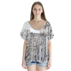 Architecture Building Design V-Neck Flutter Sleeve Top