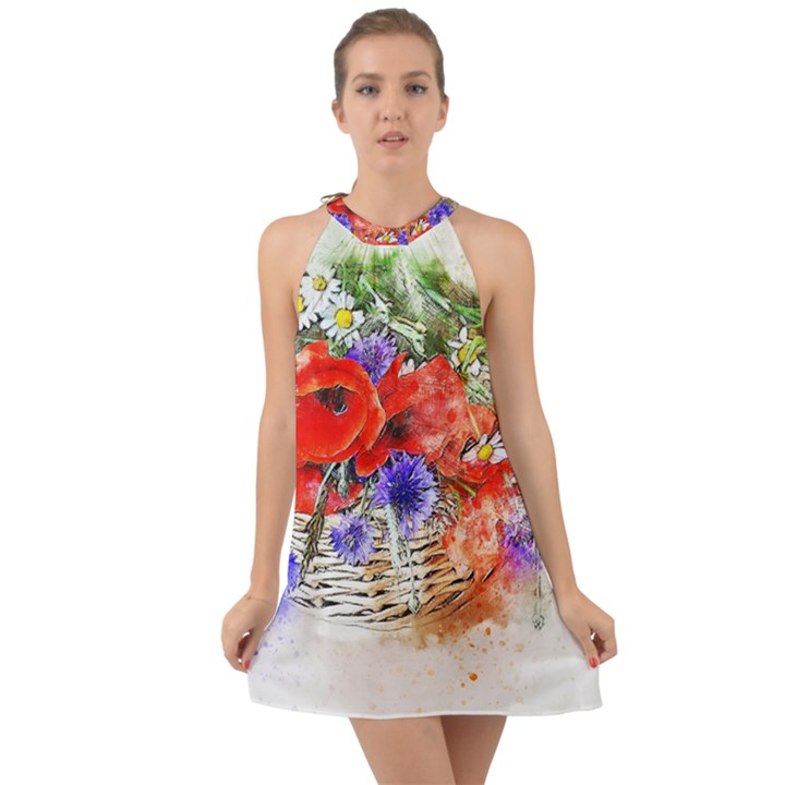 Flowers Bouquet Art Nature Halter Tie Back Chiffon Dress