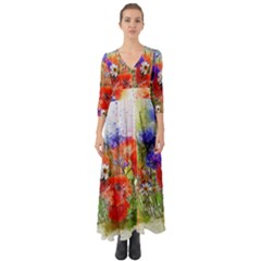 Flowers Bouquet Art Nature Button Up Boho Maxi Dress