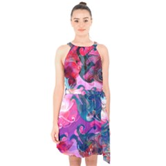 Background Art Abstract Watercolor Halter Collar Waist Tie Chiffon Dress